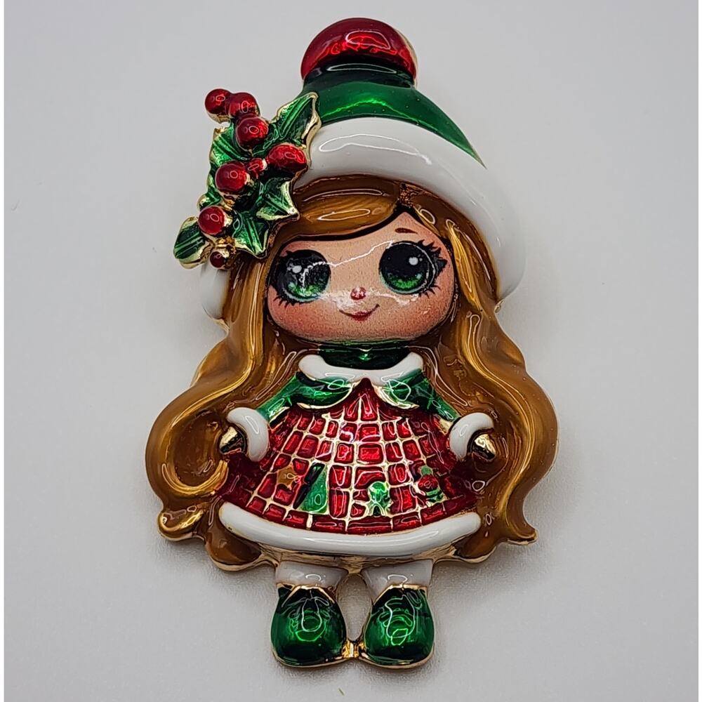Christmas Doll Brooch Heavy Enamel Detailed Fun Festive Holiday Pin